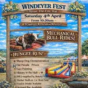🐣 Easter plans sorted! 🌸
WindeyerFest Saturday 4th April from 10:30 am
You don’t have to travel far this Easter stay local and head out to Windeyer for a fun day with the whole community 🎉
🛍️ Markets & car boot
☕ Coffee, soft drink & sweet treats from Coffee Kingdom Cafe
🍔 BBQ Mudgee Rotary Club
Market stalls and carboot sale
🍪 Kids cookie decorating
🎨 Free face painting by Dee
🎩 Easter Hat Parade all ages. No hat? We have firemen hats
to decorate
🐕 Sheep dog demo
🤠 Mechanical bull & bungee run for the thrill seekers
🎶 Live music with CARMA & STORM sit back, relax and enjoy the
vibe
🍻 Bar open from noon
💵 Limited EFTPOS – bring some cash and plenty of it !!!!!!
🪑 Bring a camp chair and make a day of it 🌞
📍 Windeyer
👋 Tag your mates and come along!
After your big day out grab a bite to eat and a couple of drinks at the The Gold and Fleece Hotel and camp on the Windeyer Recreation Reserve for $10 p/n