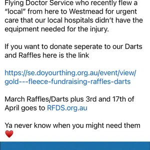 Our next Charity is RFDS the Royal Flying Doctor Service for March and 2 in April 🚑🚑🚑🚑 recently used by a local!! We will have some extra raffle prizes over Easter to make this one a BIG one cause you just never know when you might need a quick flight to Westmead